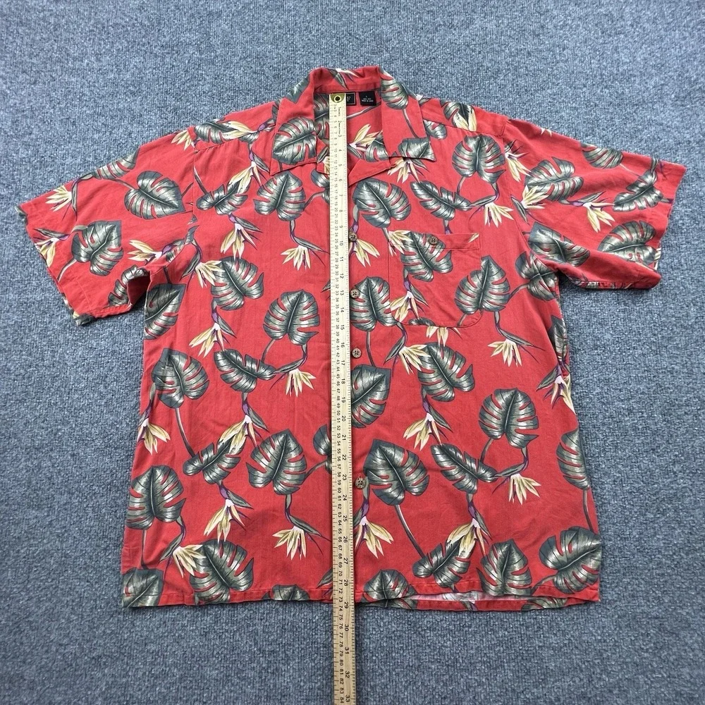 WF 100%‎ Silk Hawaiian Camp Shirt Mens L Red Tropical Leaf Print Short Sleeve